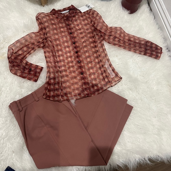 Zara print transparent shirt and wide cropped pants - Picture 4 of 12